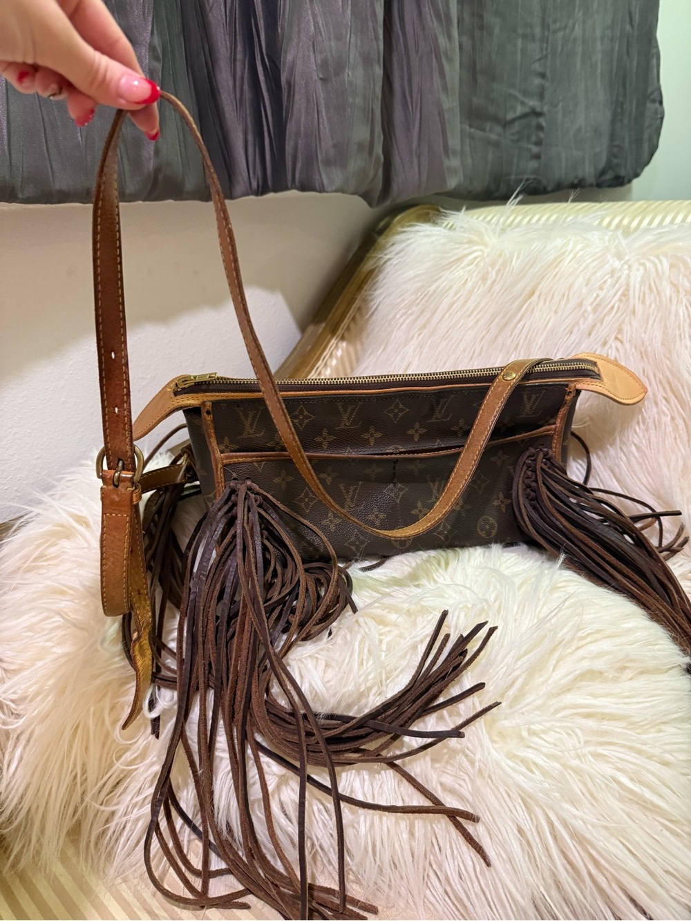 Repurposed authentic Louis Vuitton Brown Monogram Fringe crossbody Bag
